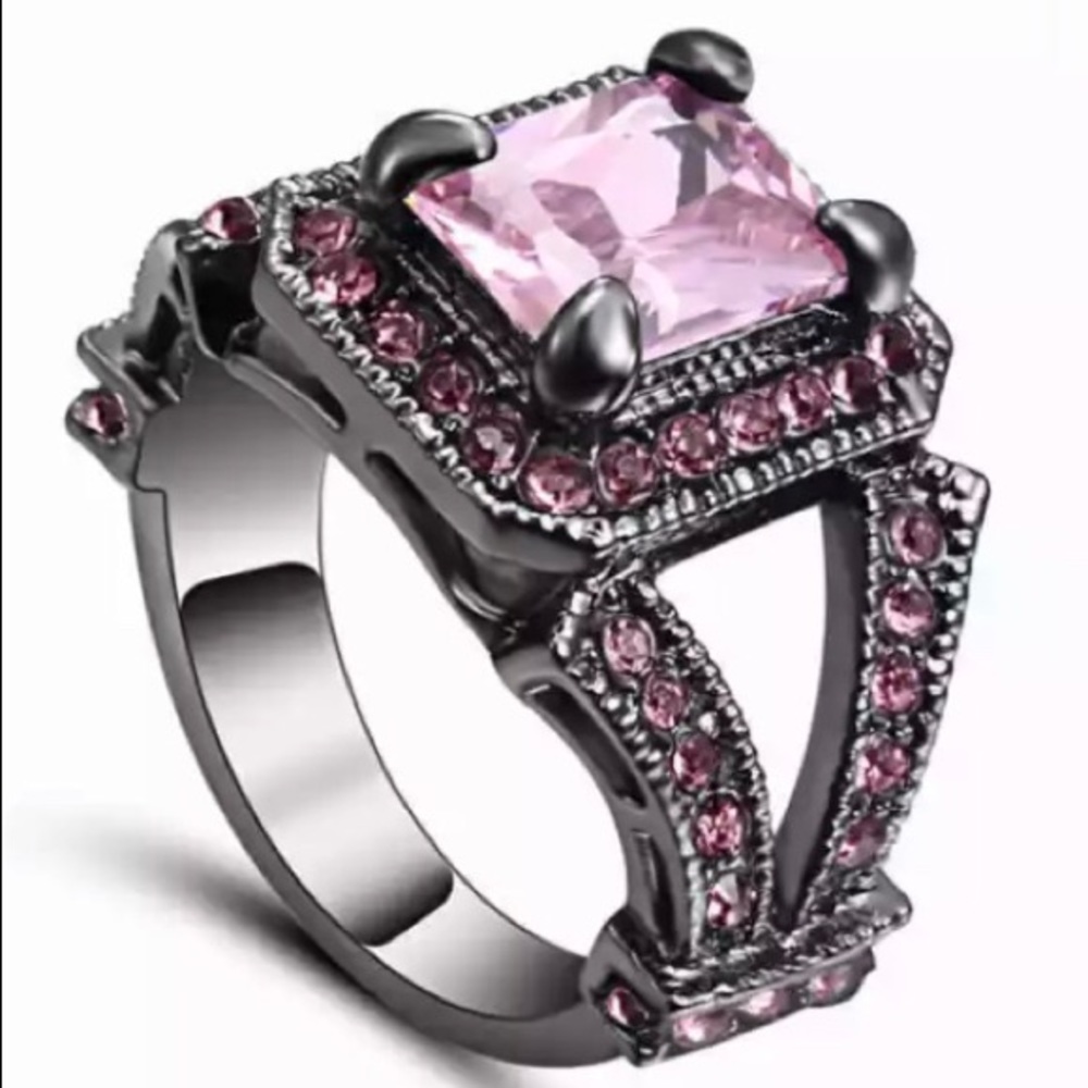 Pink Princess Cut Rhodium plated ring